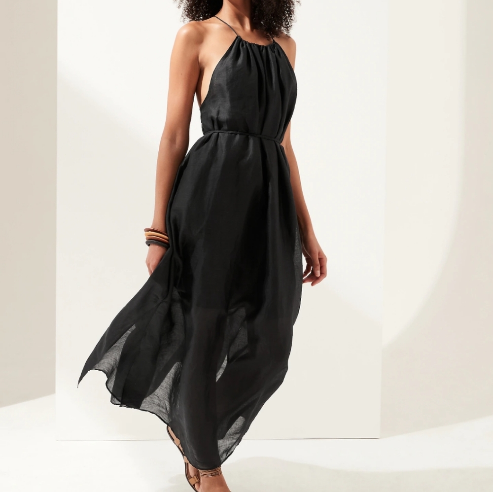 Gorgeous Ramie Halter & Backless Black Maxi Dress, Size: Large - XL (label is L)